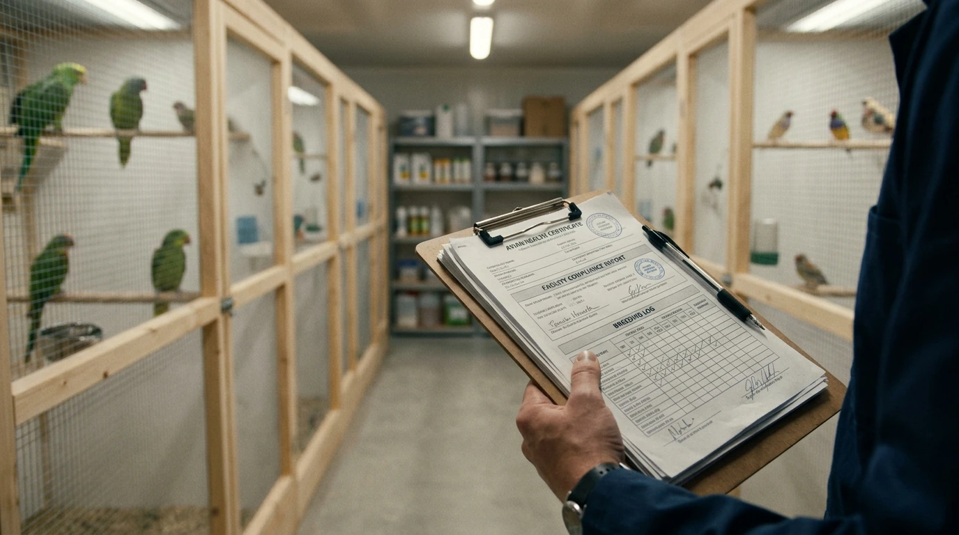 Close-up of avian certification documents on a clipboard in a professional breeding facility.