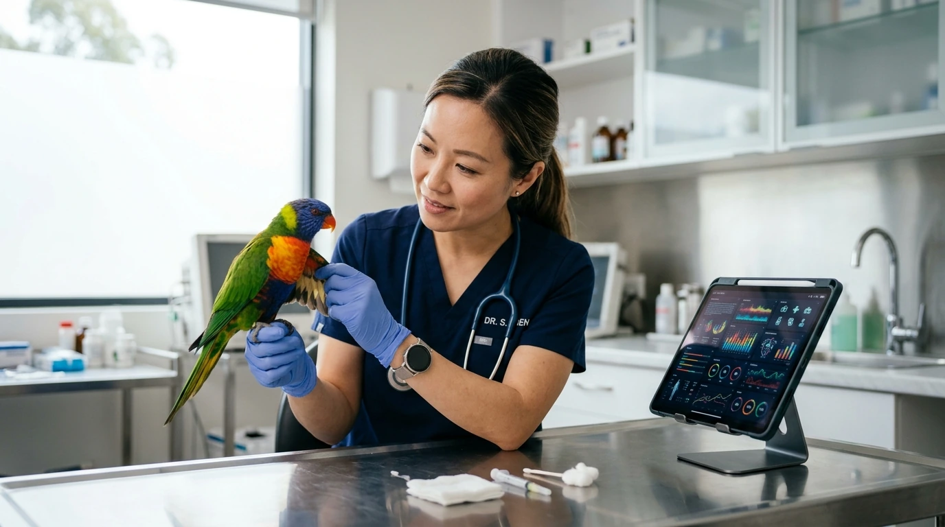 Veterinarian examining an exotic bird, with a tablet displaying health insurance data.
