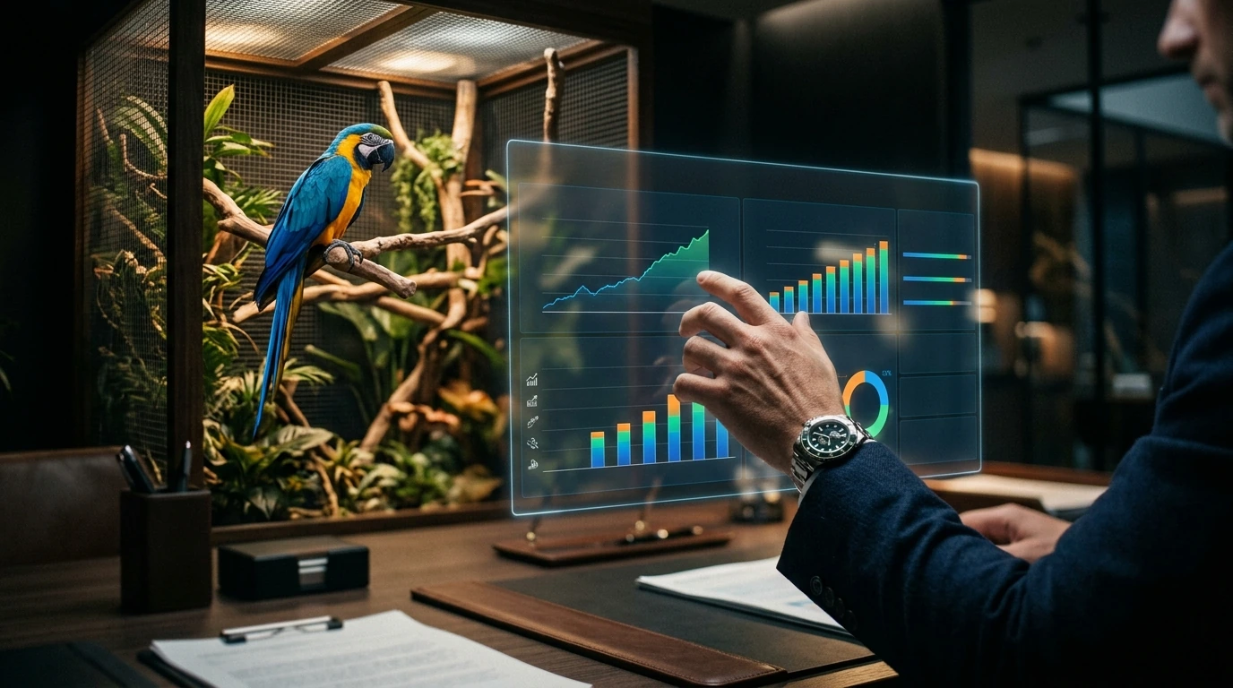 Professional interacting with a holographic display showing financial projections for avian breeding.