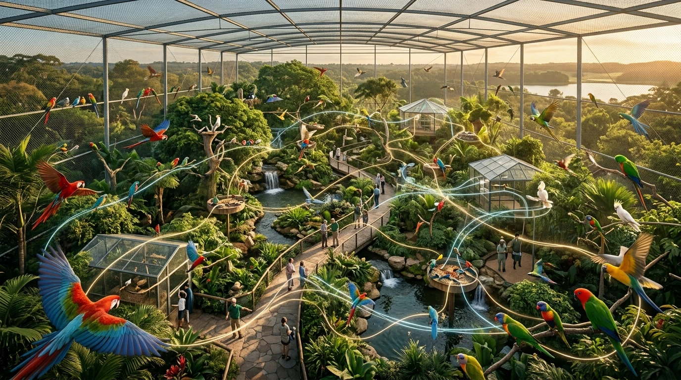 Diverse exotic birds thriving in a spacious aviary, symbolizing integrated care and protection.