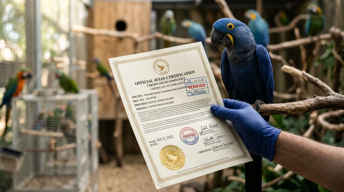 A professional's hand holding a formal exotic bird certification document against a blurred backdrop of a pristine breeding facility, highlighting the importance of official standards.
