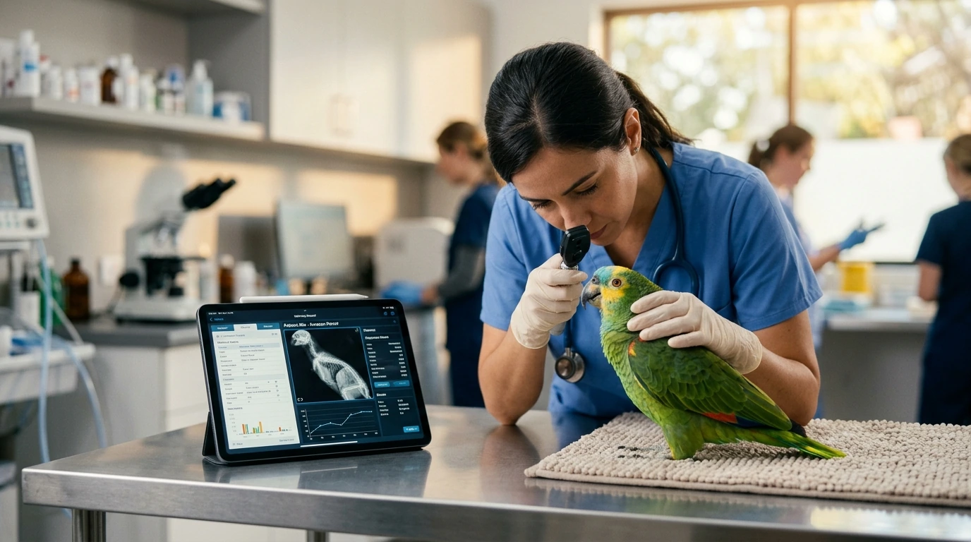A veterinarian conducting a thorough health examination on an Amazon parrot in a state-of-the-art clinic, with digital health records visible, representing comprehensive avian health insurance.