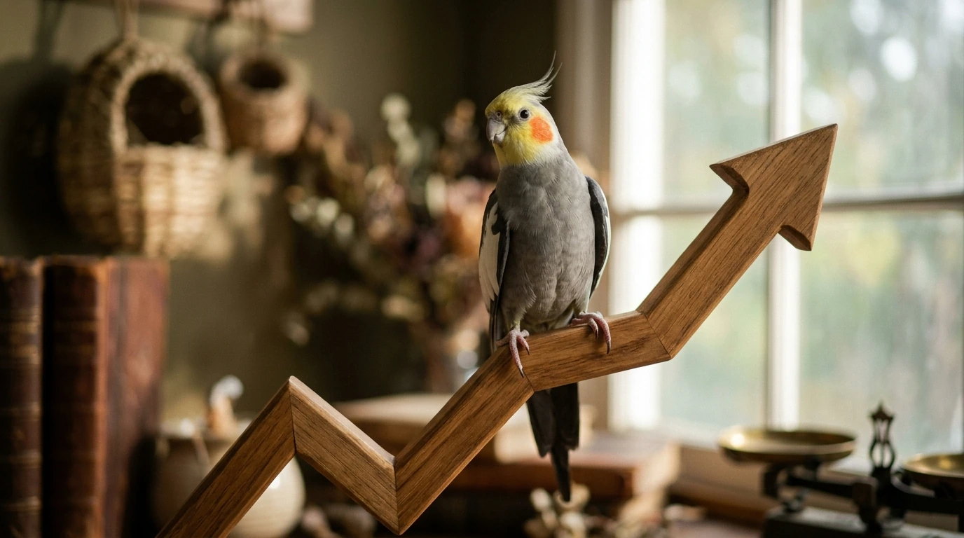 A vibrant Cockatiel perched on an upward-trending financial graph, with subtle economic symbols in the background, illustrating the financial benefits and security of certified exotic bird breeding.