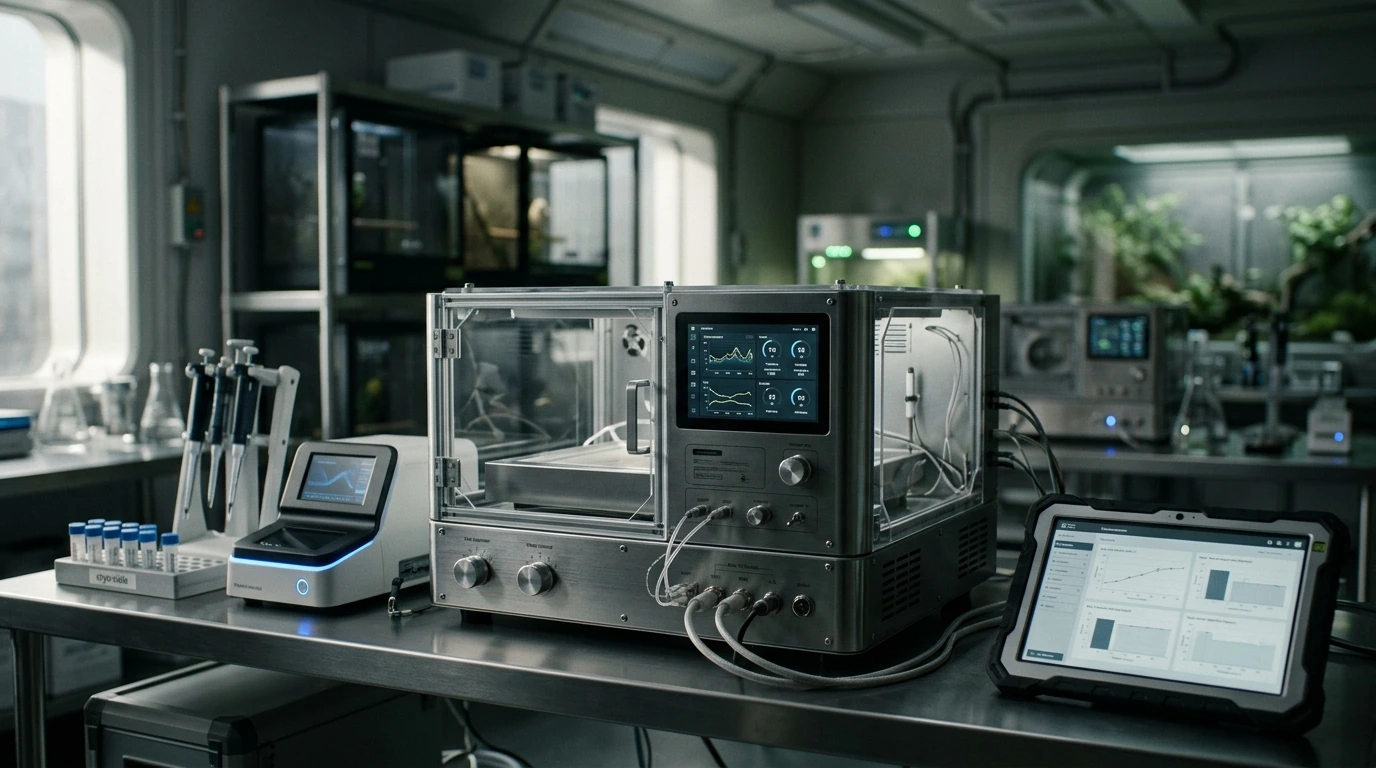 A sophisticated array of high-tech avian breeding equipment, including an incubator, genetic testing tools, and environmental monitors, showcasing the future of exotic bird husbandry.