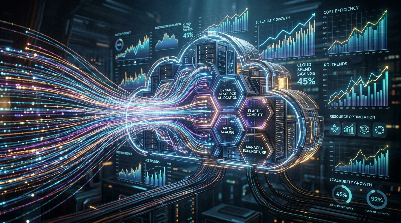 Visual representation of cloud hosting's elastic scalability and optimized cost structures, showing dynamic resource allocation and financial savings.