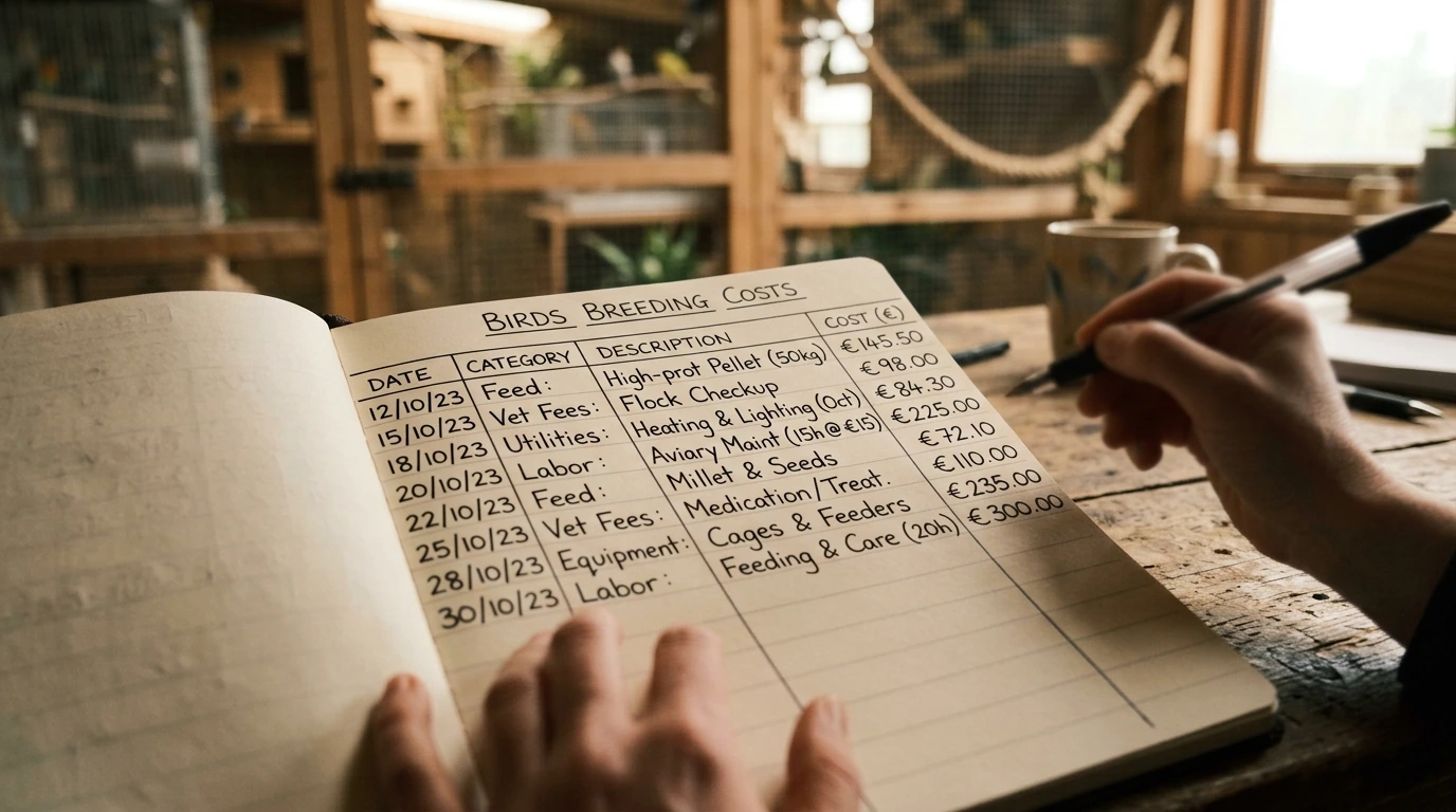 Detailed financial ledger showing operational costs for a bird breeding enterprise.