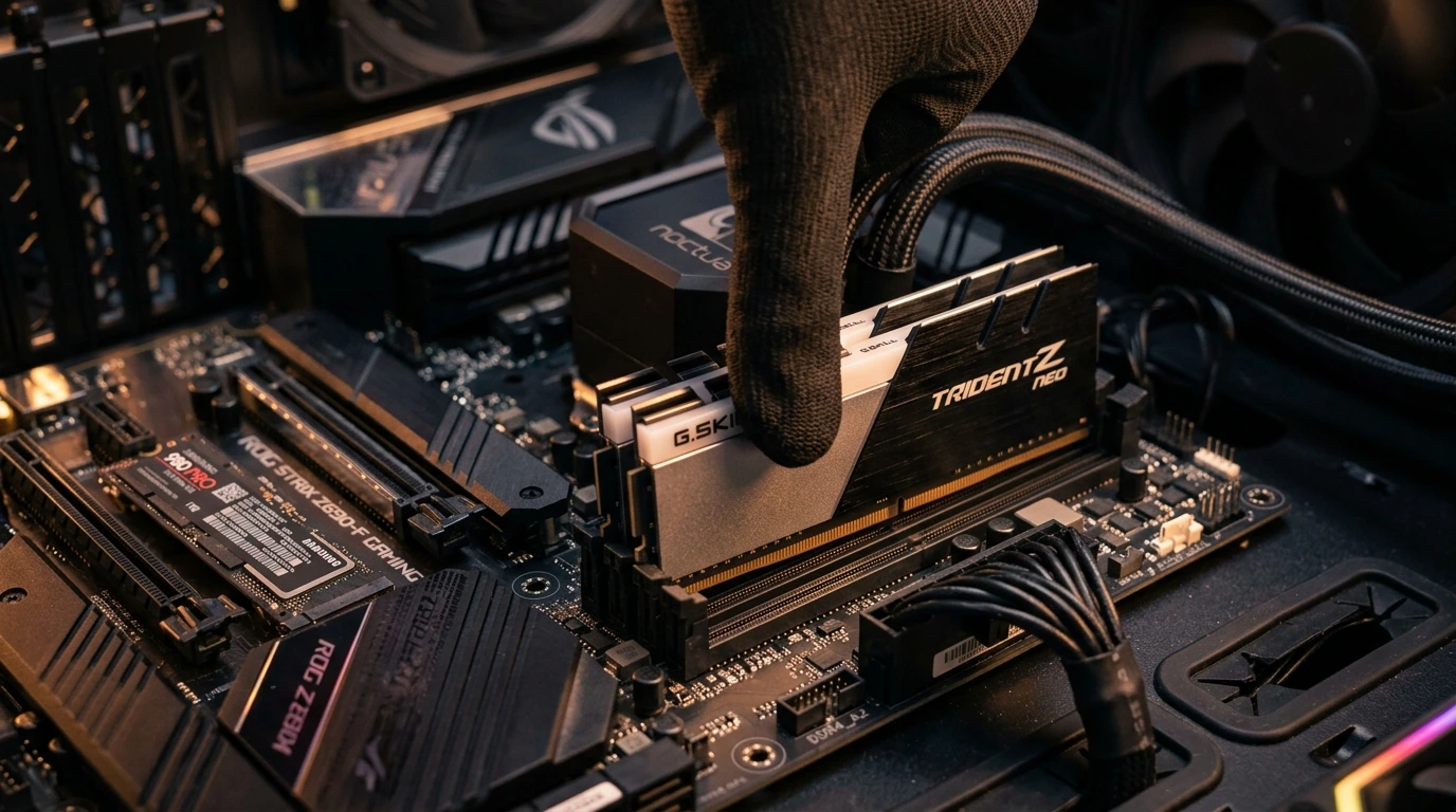 An open computer case revealing the motherboard, with a hand carefully installing a RAM module, symbolizing hardware upgrades for improved performance.