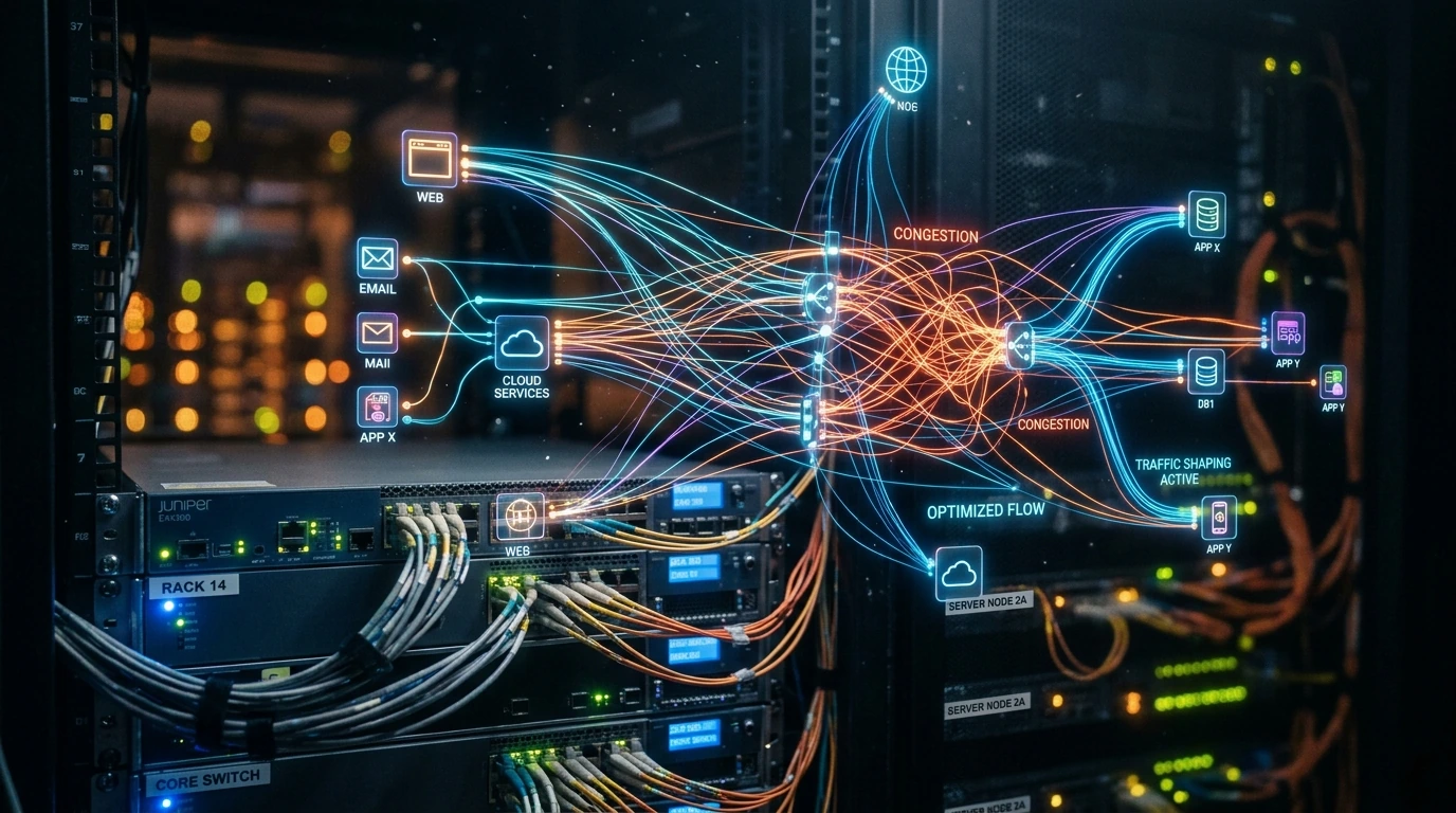 A visual representation of network data traffic and background application processes, highlighting the digital clutter that can slow down a computer.