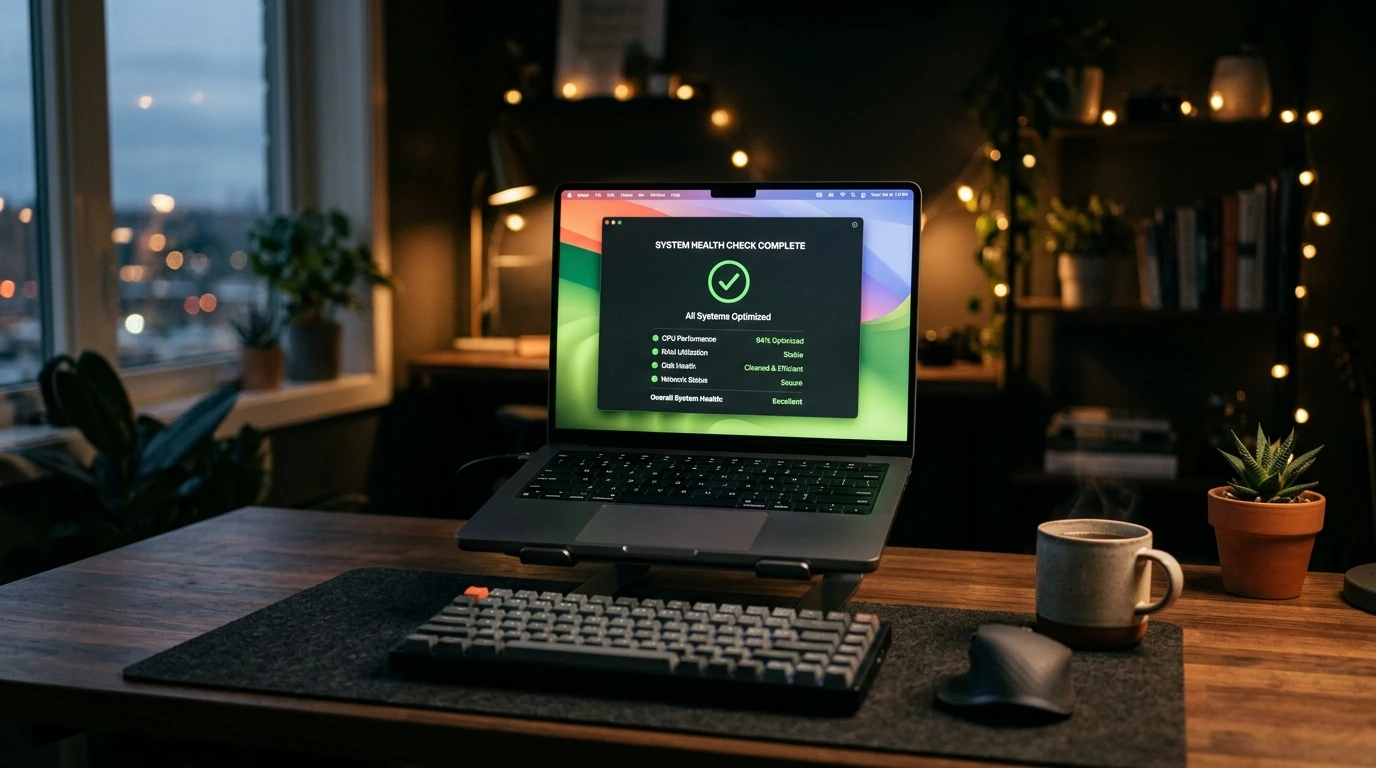 A laptop screen displaying a successful system health check and optimized performance report, signifying the completion of computer maintenance.