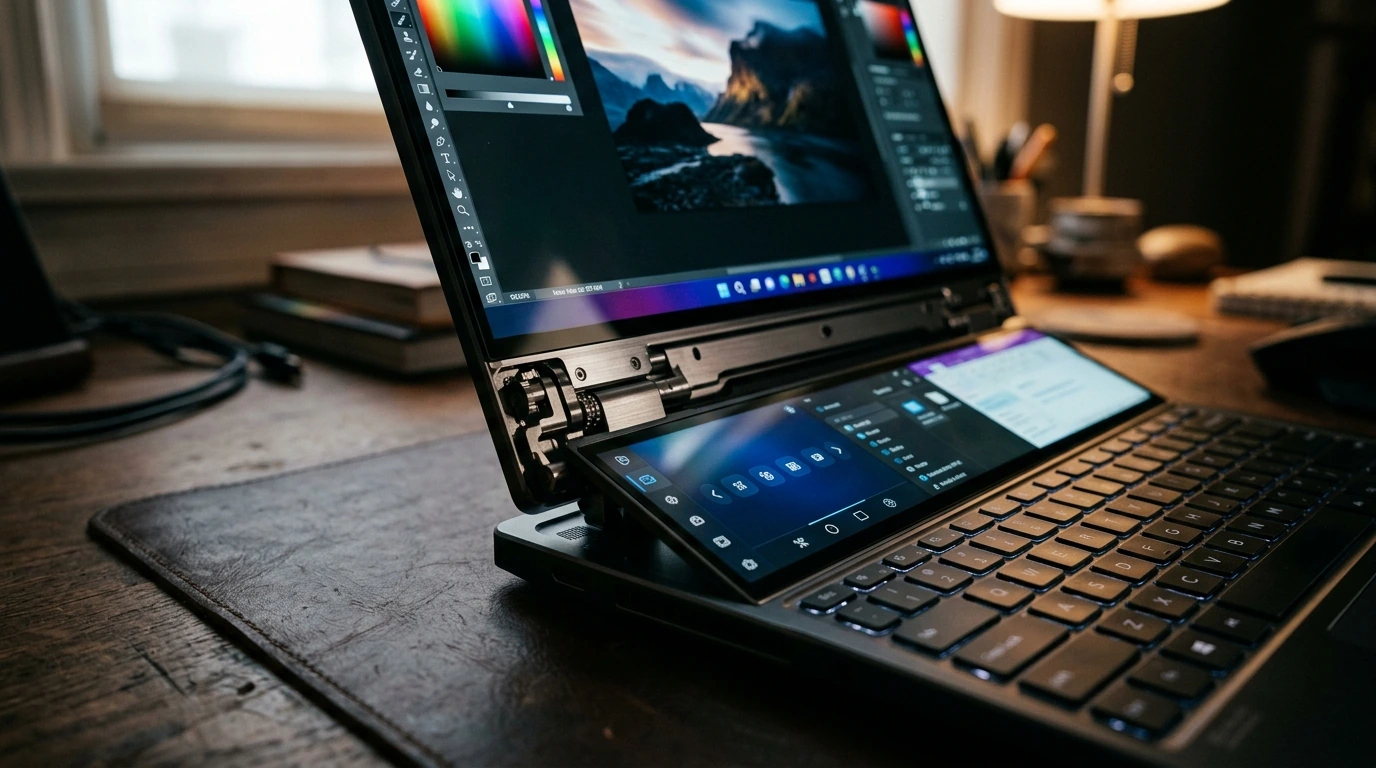 A detailed close-up of the Gemini X2 Pro's robust hinge and the seamless integration of its two high-resolution displays, emphasizing the laptop's premium build quality and material choices.