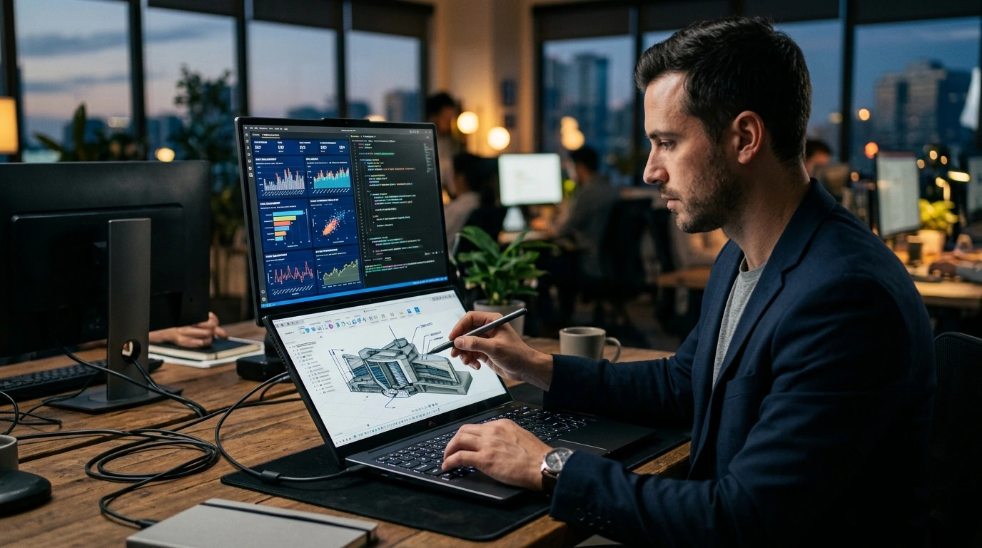A professional using the Gemini X2 Pro in a dynamic multi-tasking scenario, with complex data analytics dashboards or CAD software spread across both screens. The user's hands are actively engaging with the keyboard and a stylus on one of the touch-enabled displays, illustrating high-performance workflow.