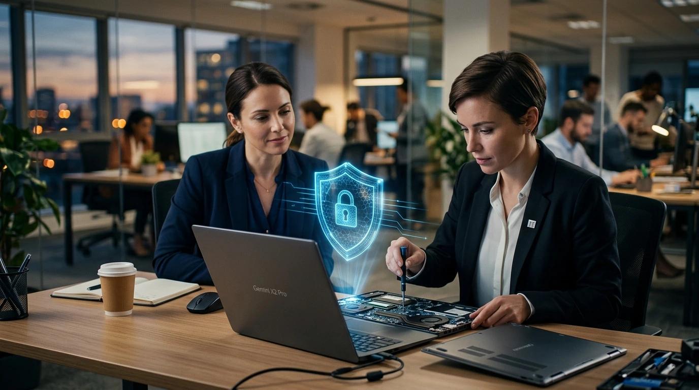 A stylized visual representation of corporate hardware insurance in action for the Gemini X2 Pro. Perhaps a secure, encrypted digital shield icon overlaid on the laptop, or a subtle graphic depicting rapid, on-site IT support reaching a user, emphasizing data integrity and business continuity.