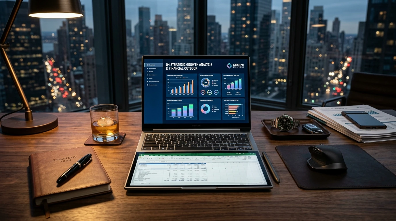 The Gemini X2 Pro dual-screen laptop displayed prominently on an executive desk, showcasing its professional appeal and strategic value as a core tool for high-level corporate productivity.