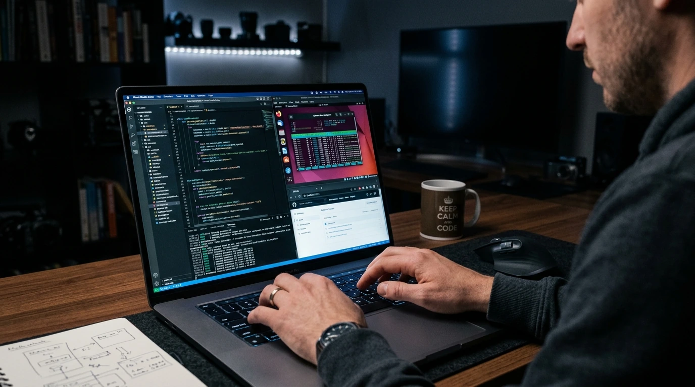 A software engineer working on complex code and multiple virtual machines on the Zenith Pro X1's high-resolution display.