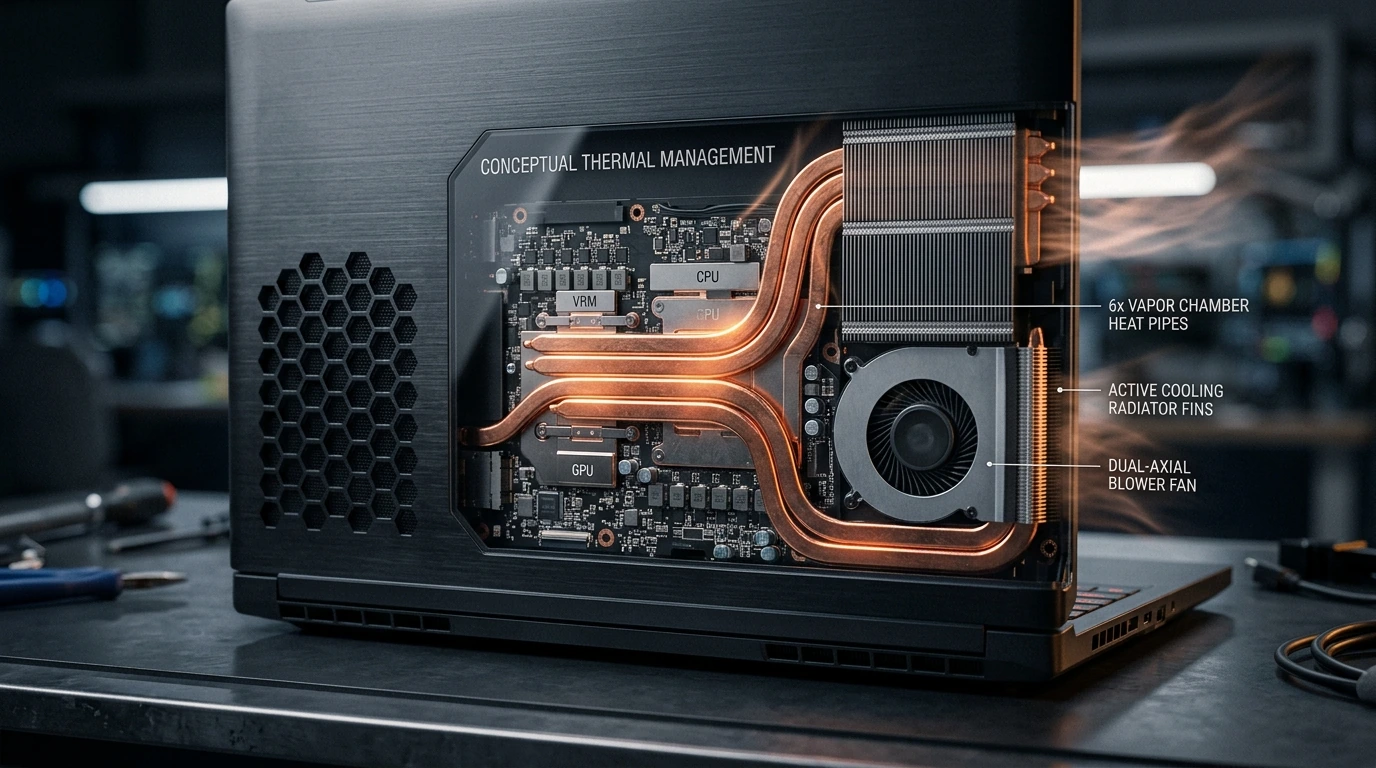 Detailed view of the Zenith Pro X1's advanced thermal management system, showing cooling vents and heat pipe technology.