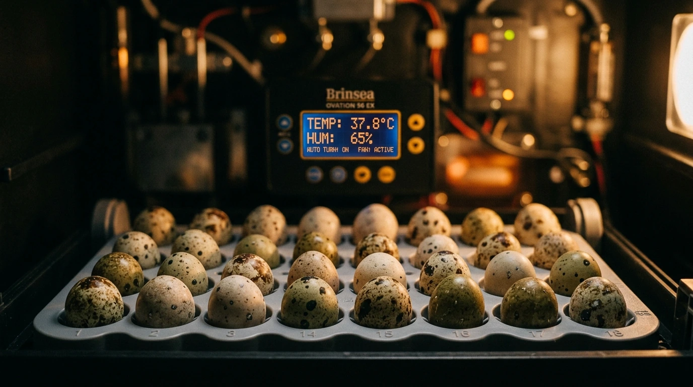 Bird eggs undergoing precise temperature and humidity control within an advanced automated incubator.