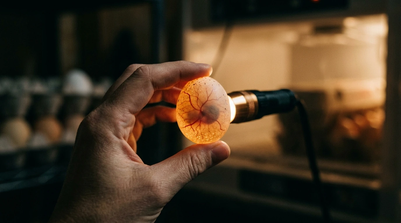 Close-up view of a bird egg being candled, revealing a healthy, developing embryo with visible blood vessels.