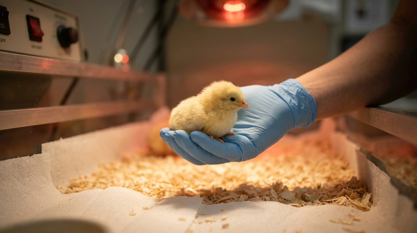 A newly hatched chick being carefully placed into a sterile, temperature-controlled brooder for initial post-hatch care.