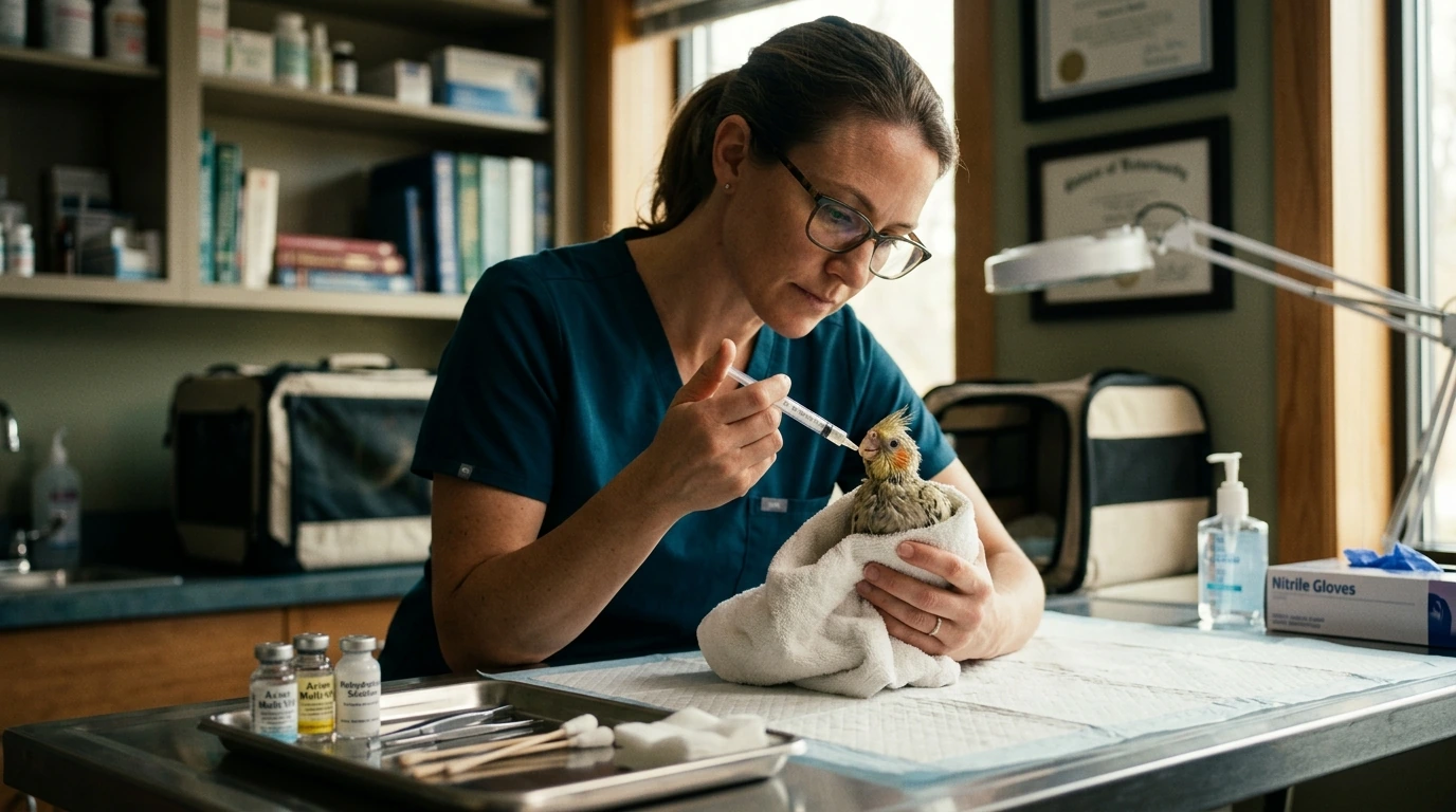 An avian veterinarian providing medical examination and care to a young bird, highlighting professional intervention.
