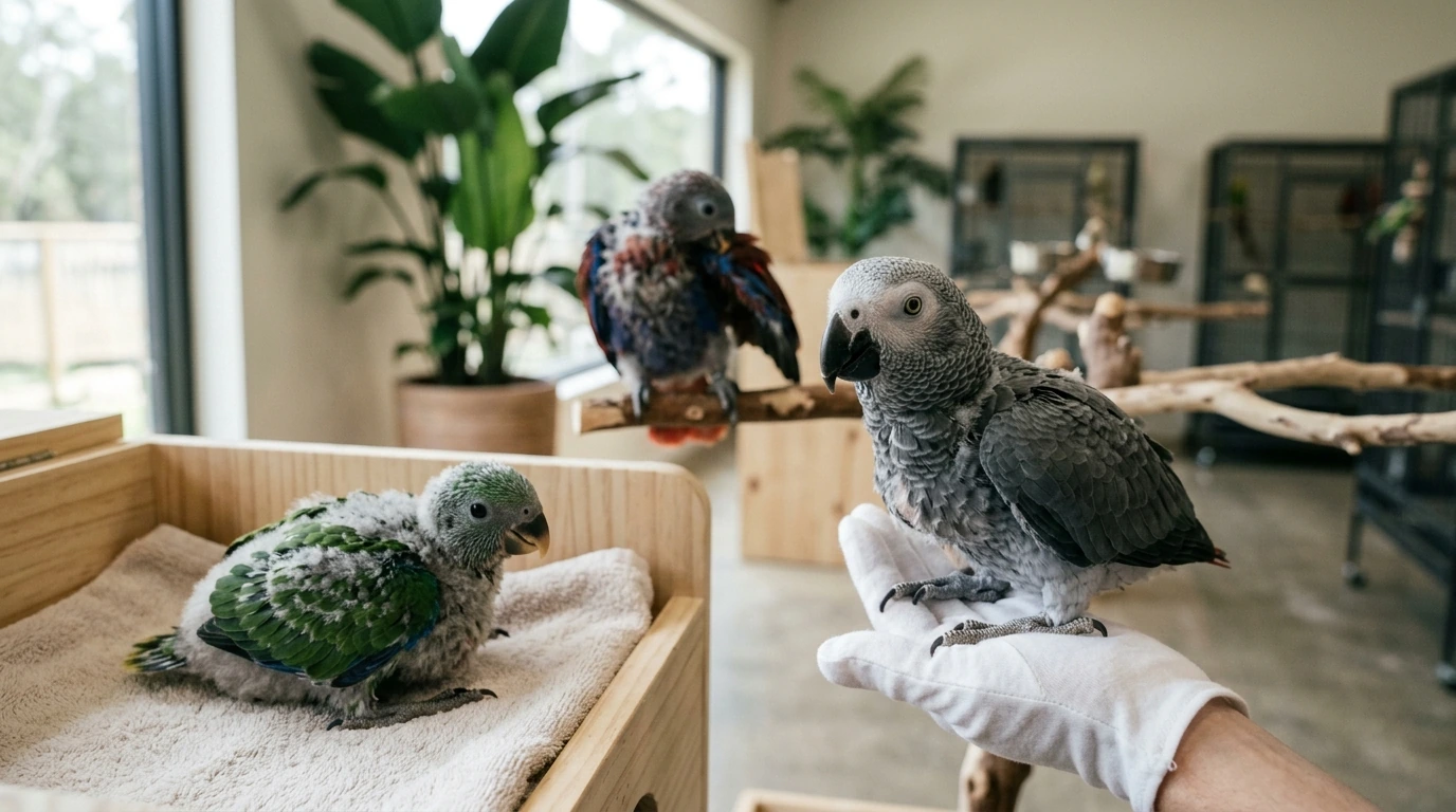 Healthy, vibrant hookbill parrot chicks in a meticulously maintained aviary, showcasing optimal breeding conditions for export quality.