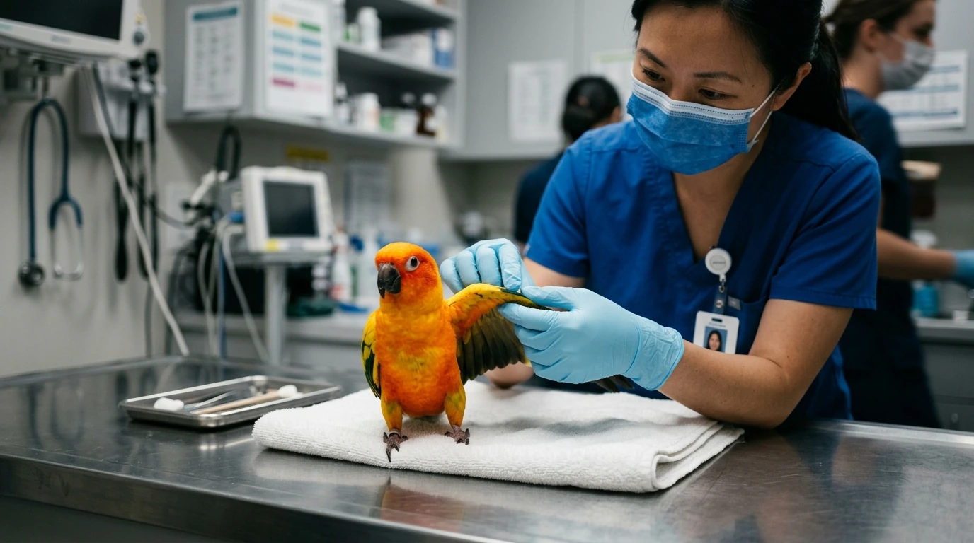 An avian veterinarian performing a thorough health check on a hookbill parrot, demonstrating pre-export conditioning and veterinary protocols.