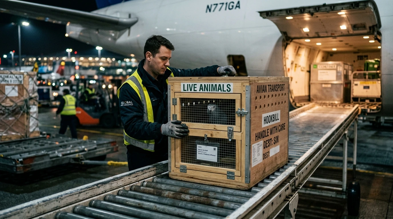 A specialized, ventilated transport crate designed for live birds, being prepared for international shipment within a cargo facility.
