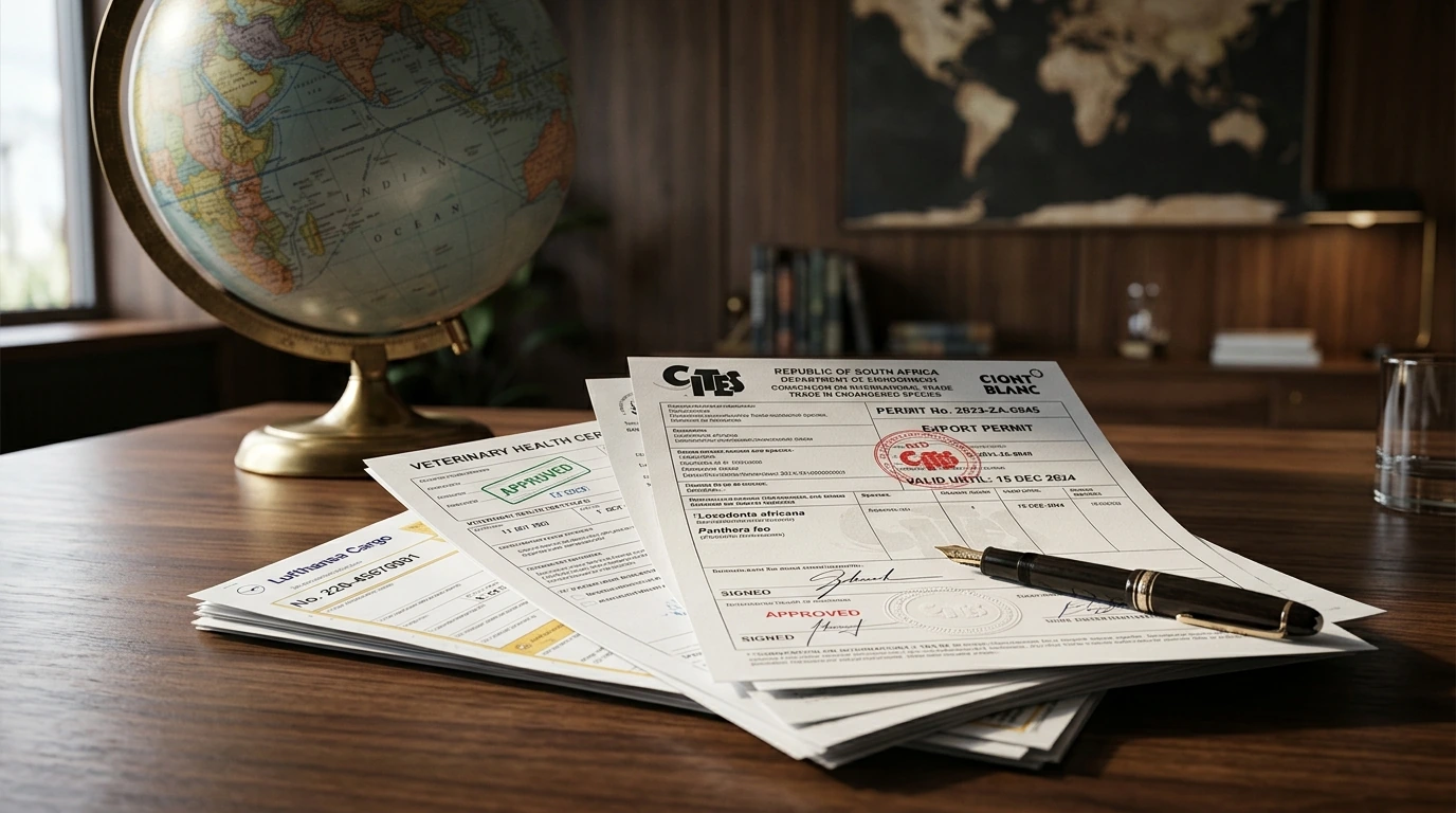 A well-organized stack of international shipping documents, CITES permits, and veterinary certificates, essential for global bird export.