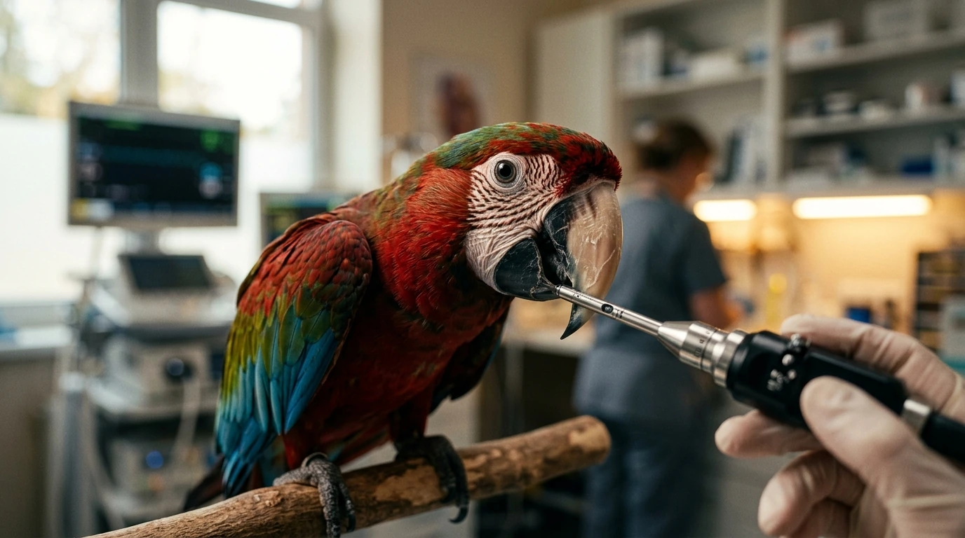 Close-up of a vibrant breeding parrot undergoing a specialized veterinary diagnostic procedure, highlighting the unique biological needs of avian reproduction.
