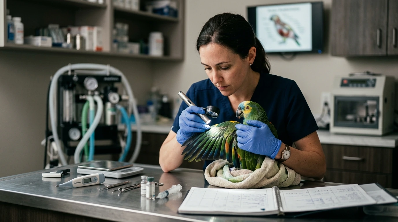 An avian veterinarian expertly examining a bird in a state-of-the-art clinic, showcasing advanced equipment and specialized medical attention.