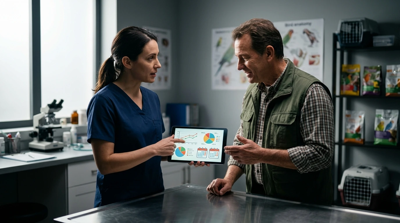 A bird breeder and an avian specialist veterinarian engaging in a collaborative discussion over digital health records, illustrating partnership in flock management.