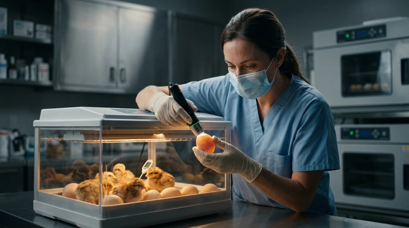 A veterinarian meticulously monitoring healthy chicks in a sterile incubator, symbolizing a robust avian breeding health surveillance program.