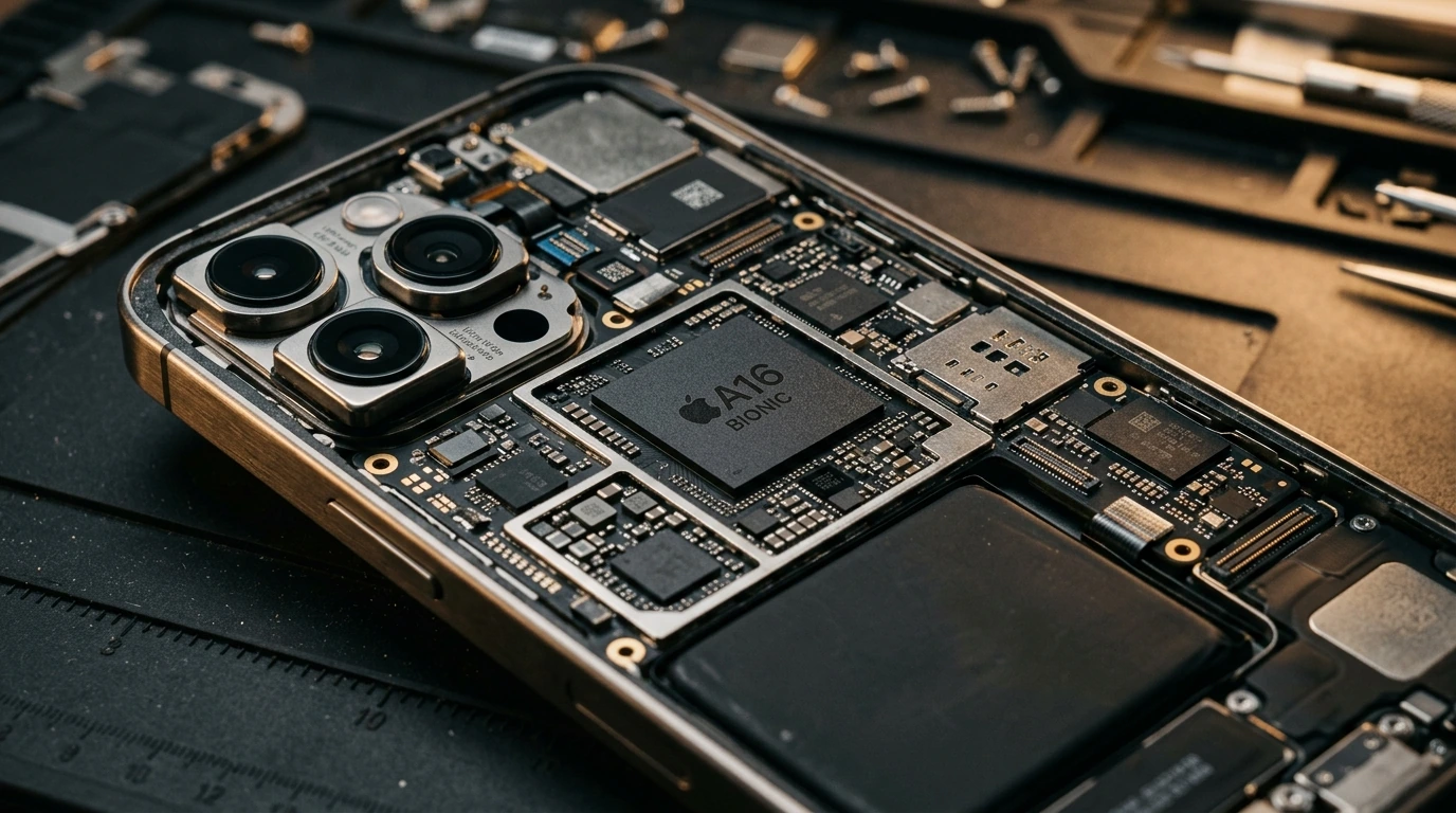 Close-up of a smartphone's internal components, highlighting its advanced processor, camera system, and battery, illustrating cutting-edge engineering and build quality.
