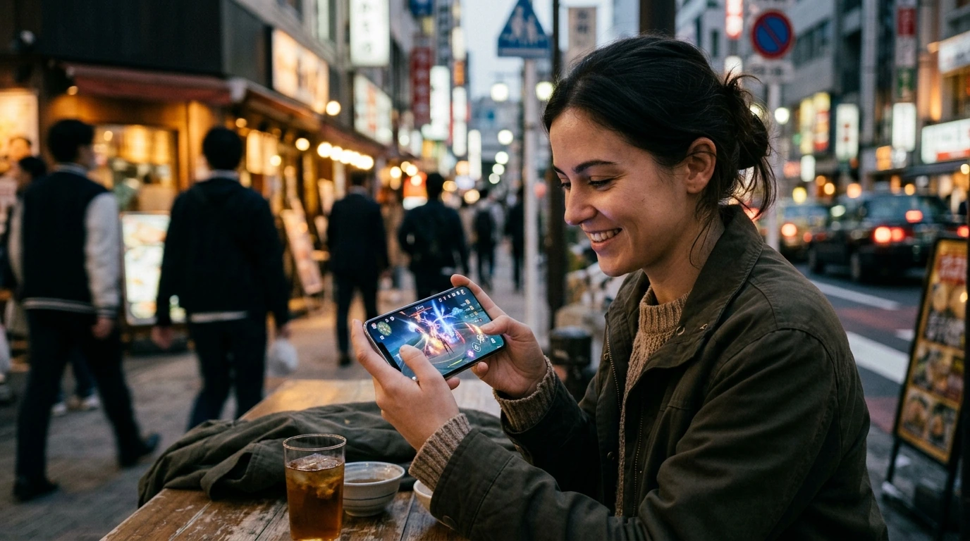 A person actively using a smartphone to capture a detailed photograph in a vibrant urban setting, demonstrating practical performance and advanced camera capabilities.