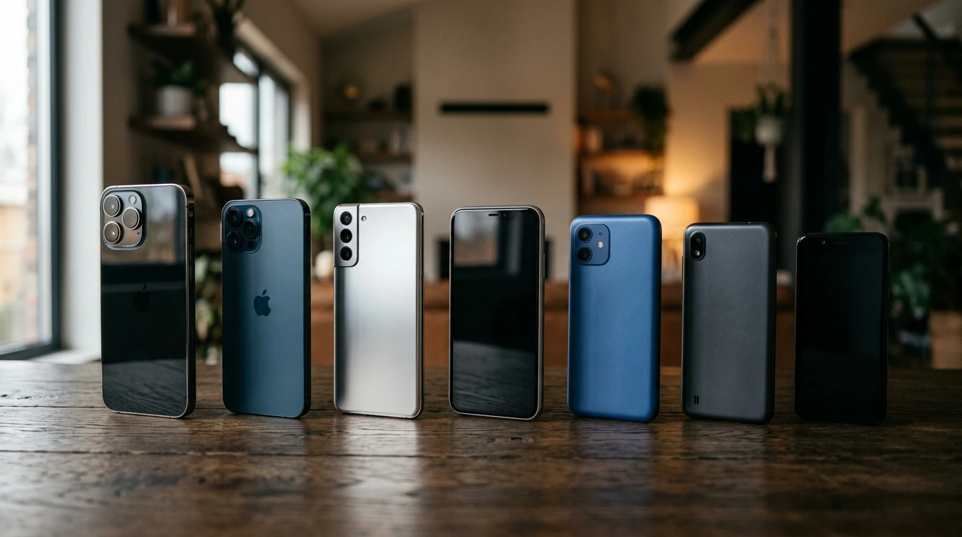 A curated selection of smartphones, ranging from high-end flagships to affordable budget models, artfully arranged to guide purchasing decisions for different user needs.