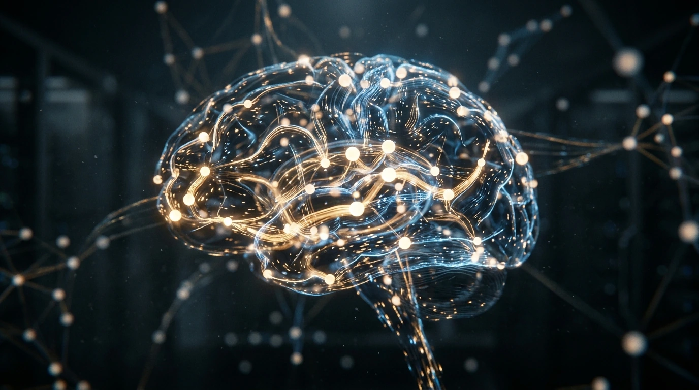 An intricate visualization of a neural network with glowing nodes and pathways, representing the fundamental components and data processing within an AI system.