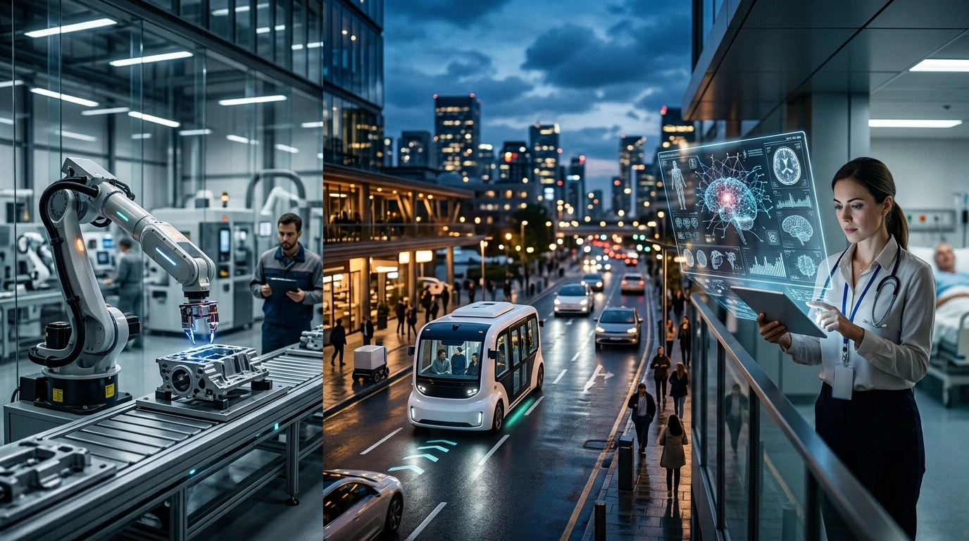 A composite image showcasing various AI applications: autonomous cars, AI-assisted medical diagnosis, and robotic manufacturing, highlighting AI's real-world impact.