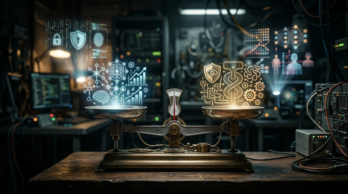A symbolic image depicting the ethical challenges and opportunities of AI, with a digital scale balancing concepts like innovation and responsibility, set against a backdrop of data privacy concerns.