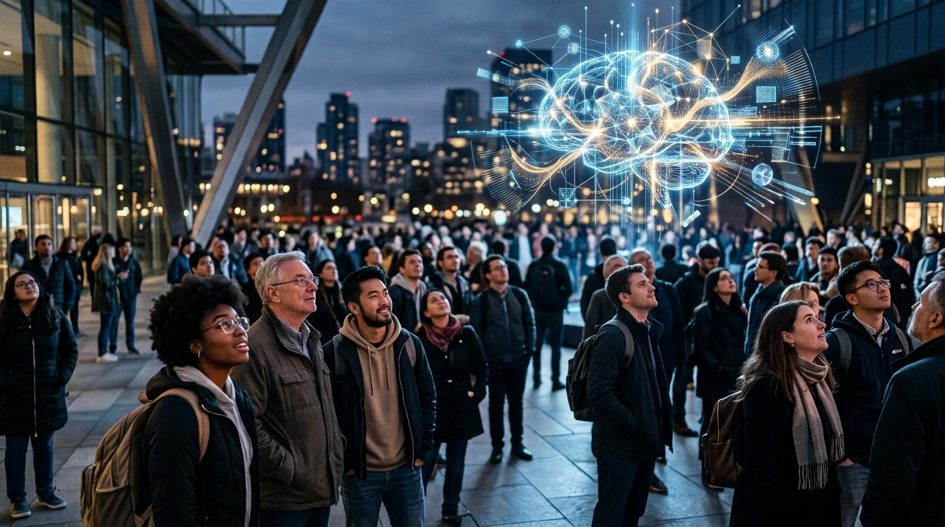 A diverse group of individuals engaging with a futuristic, luminous representation of AI, illustrating the broad societal relevance and the need for collective understanding of its future.