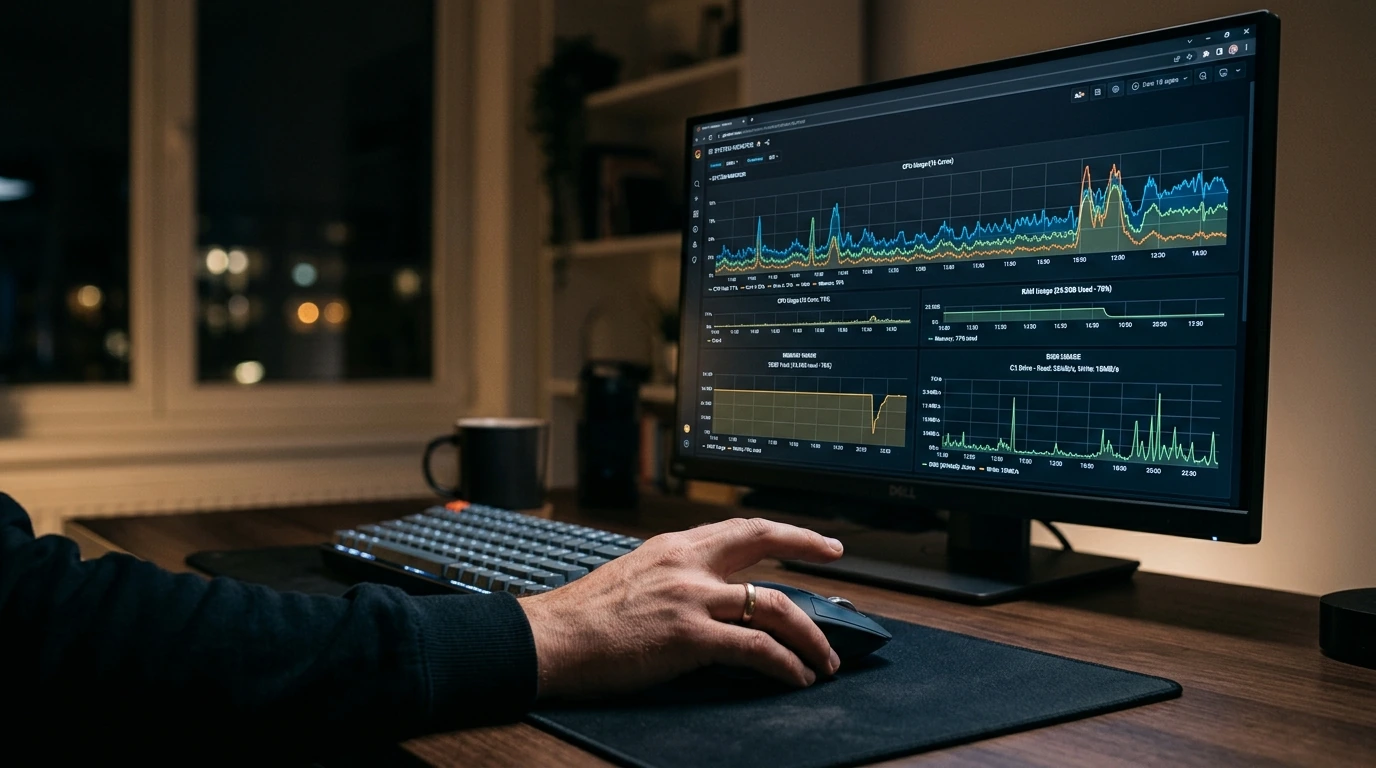 A close-up of a computer screen displaying a resource monitor with CPU, RAM, and disk usage graphs.
