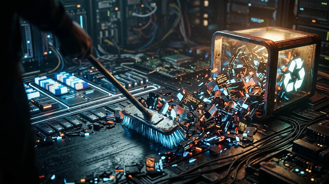 A visual representation of digital junk files being cleared from a hard drive, revealing organized data.