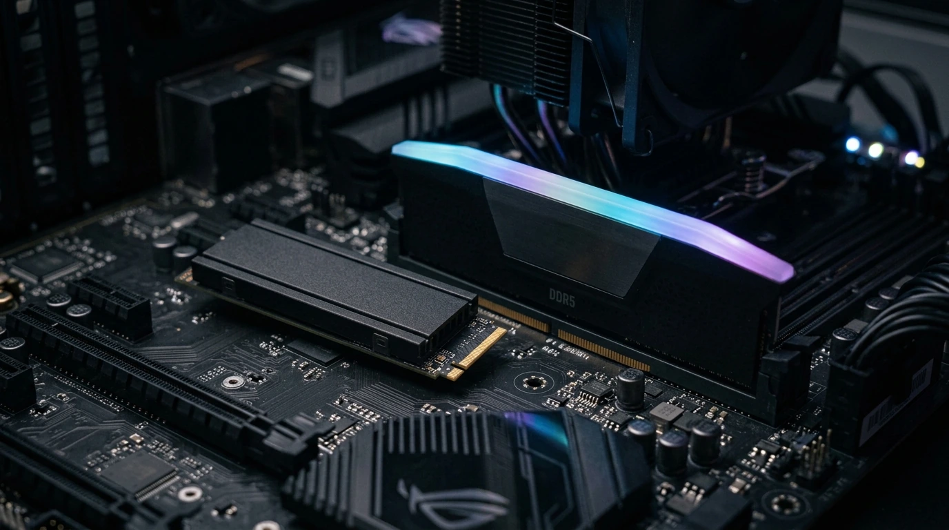 A modern SSD and RAM module glowing on a dark, technical surface, representing hardware upgrades.