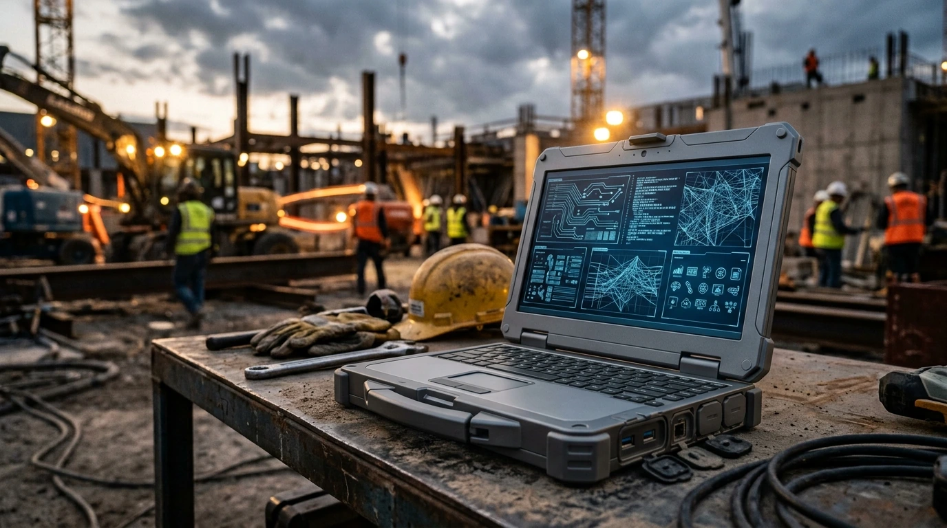A rugged industrial laptop actively used on a dusty factory floor, demonstrating its robust construction and clear display in a demanding environment.