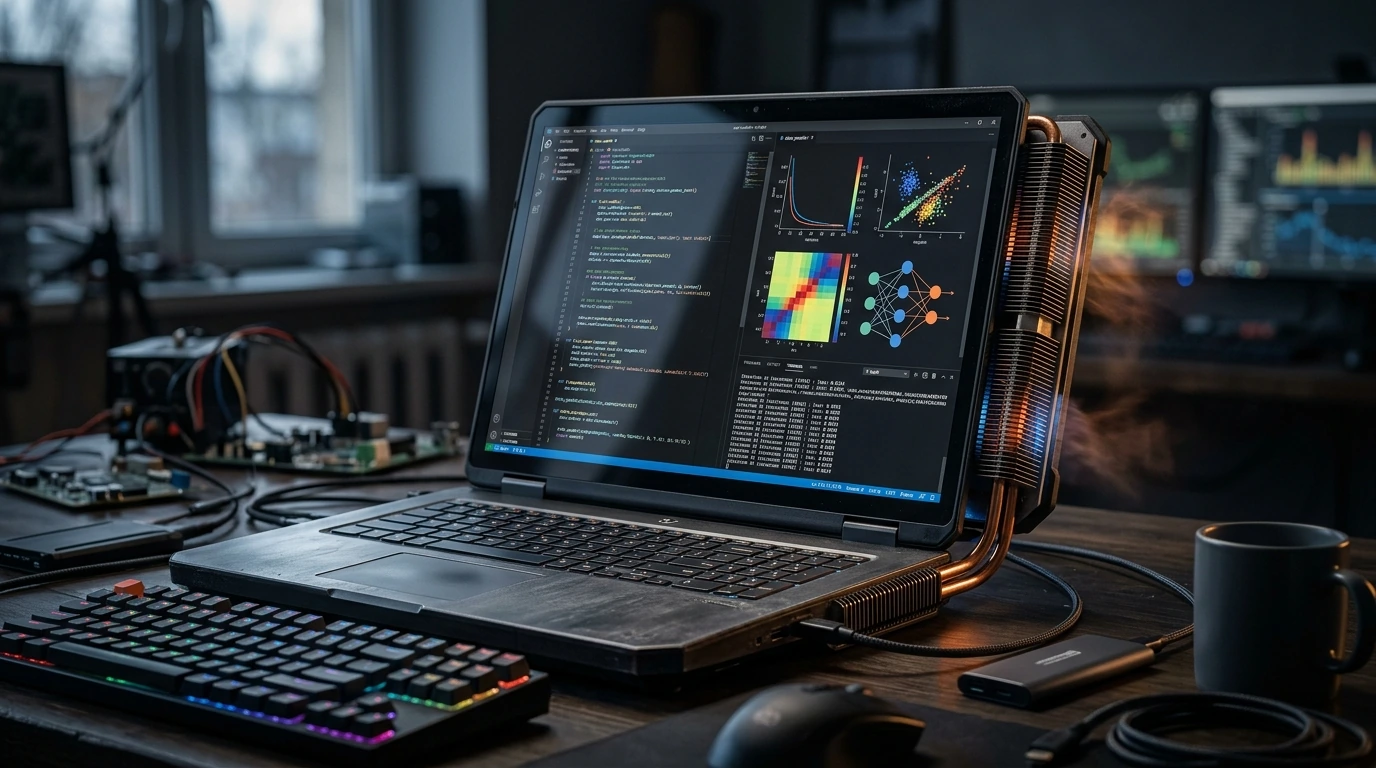 A powerful AI laptop running complex machine learning workloads, showcasing its robust design and efficient thermal management system.