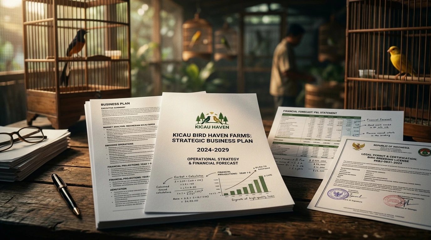 Meticulously organized financial documents and a detailed business plan for a bird cultivation enterprise, illuminated by dramatic studio lighting.