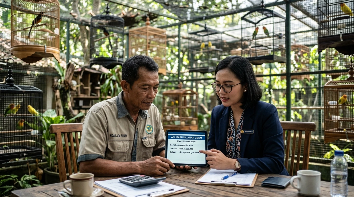 A kicau bird breeder discussing financing options with a financial advisor in a modern aviary setting, reviewing application forms on a tablet.