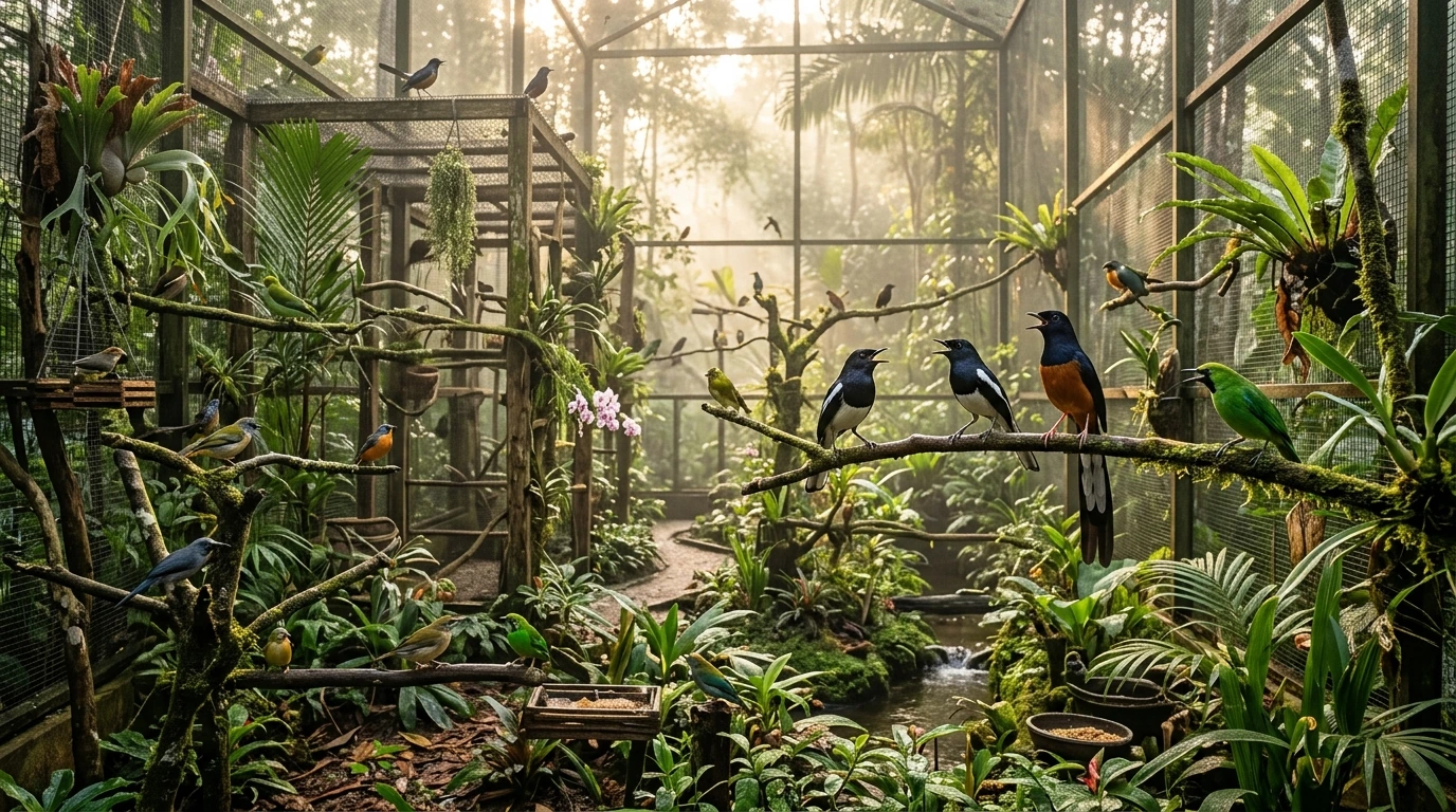 A flourishing kicau bird aviary bathed in soft morning light, symbolizing successful growth and sustainable operations achieved through strategic financing.