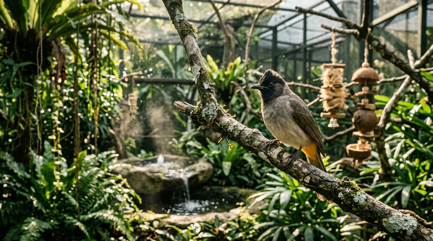A healthy Kutilang bird in a perfectly maintained aviary, demonstrating ideal environmental conditions for vocal development.