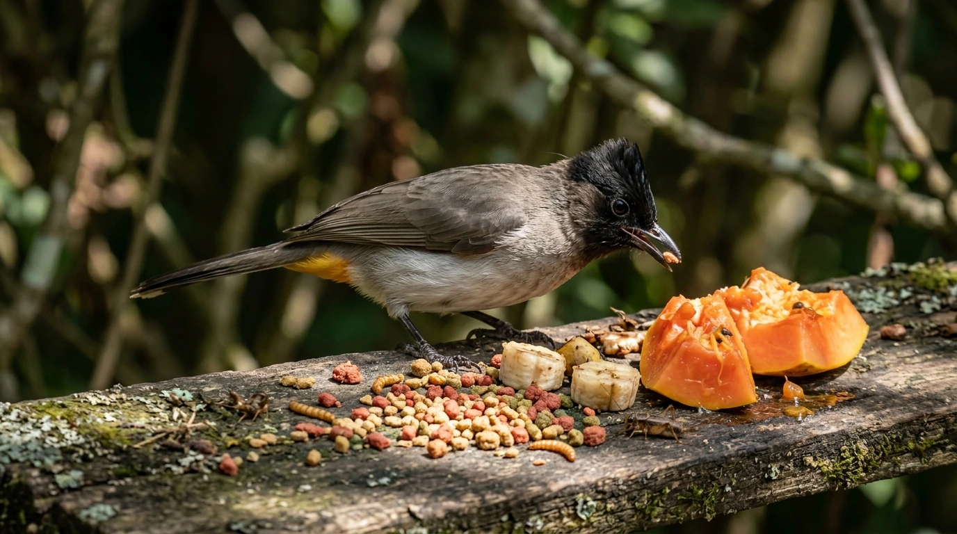 A Kutilang bird enjoying a nutritious and varied diet, essential for its health and vocal performance.