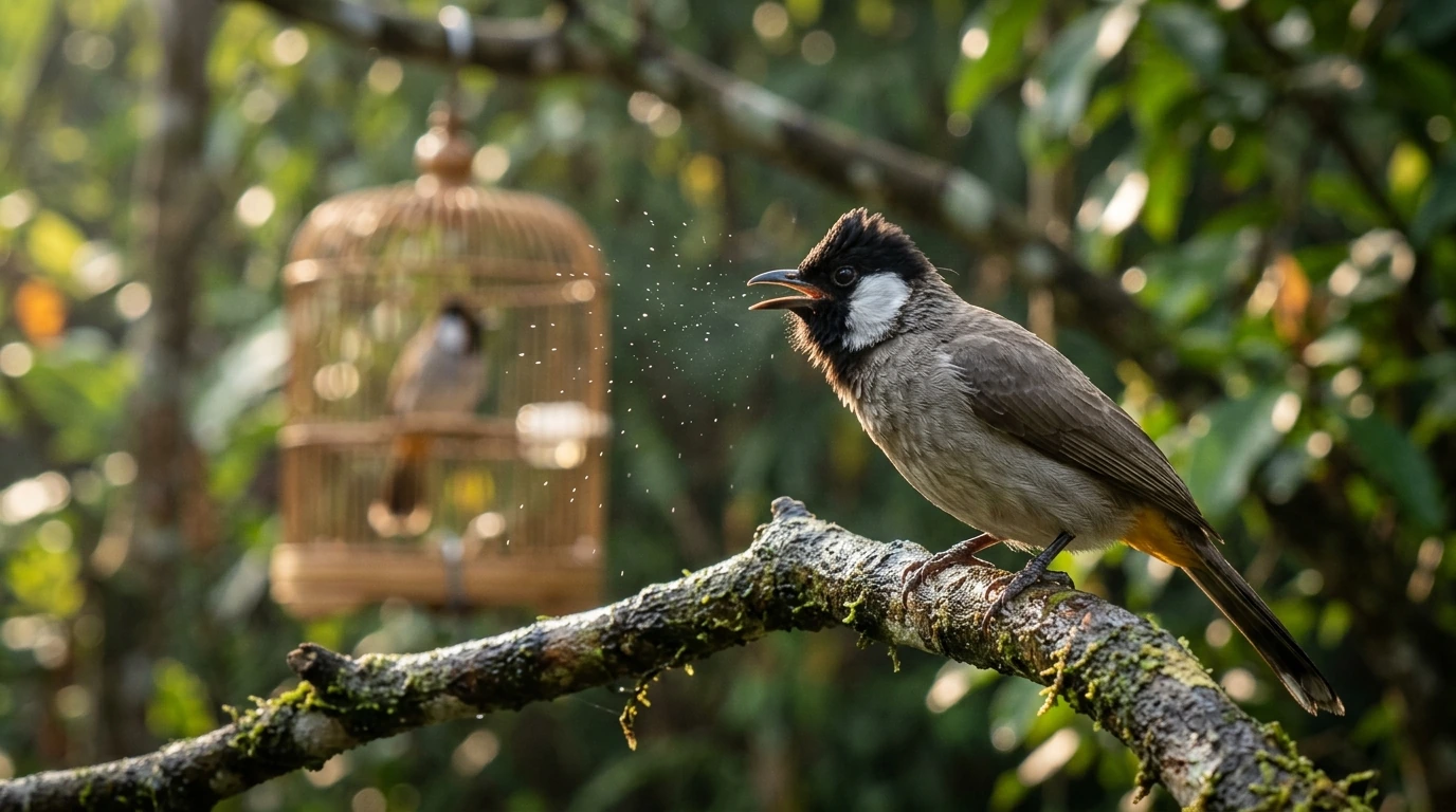 A Kutilang bird engaged in vocal training, responding to environmental sound cues to enhance its singing ability.