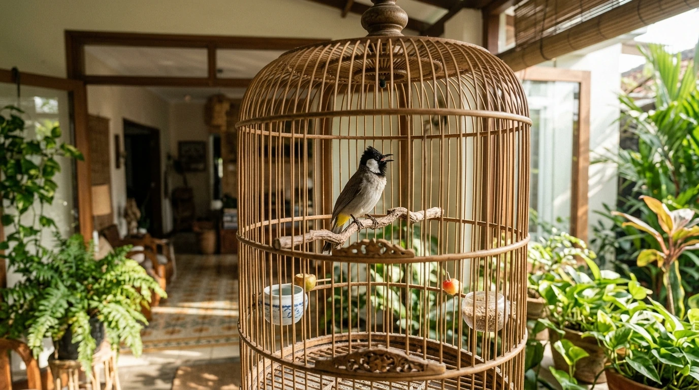 A Kutilang bird confidently singing, showcasing the results of consistent care and effective vocalization strategies.